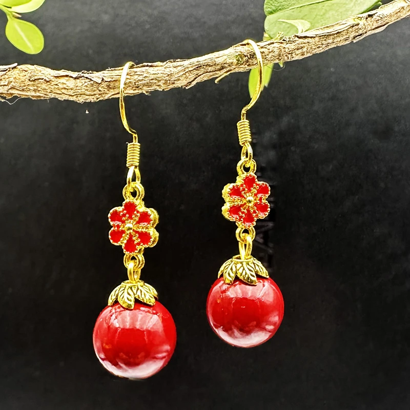 天然辰砂12mm合金耳饰A12原创设计红色朱砂耳坠 优雅气质女款耳环