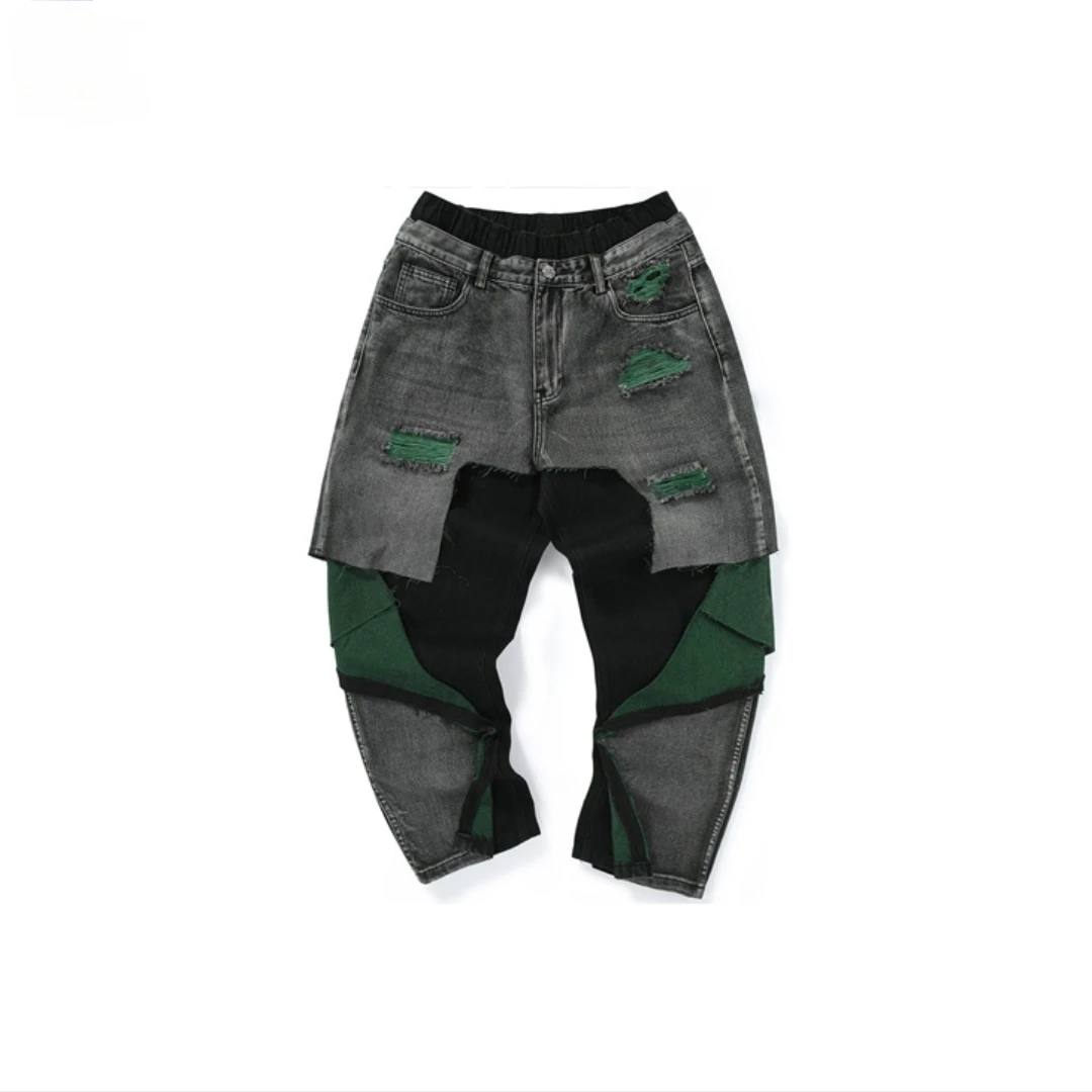 闪电 叠层拼接假两件宽松破洞直筒裤牛仔裤 男款 灰色