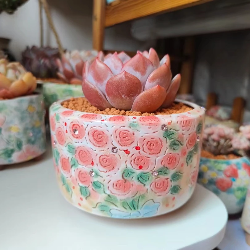 多肉植物陶瓷多肉花盆手绘雕刻粗陶透气吸水微园艺