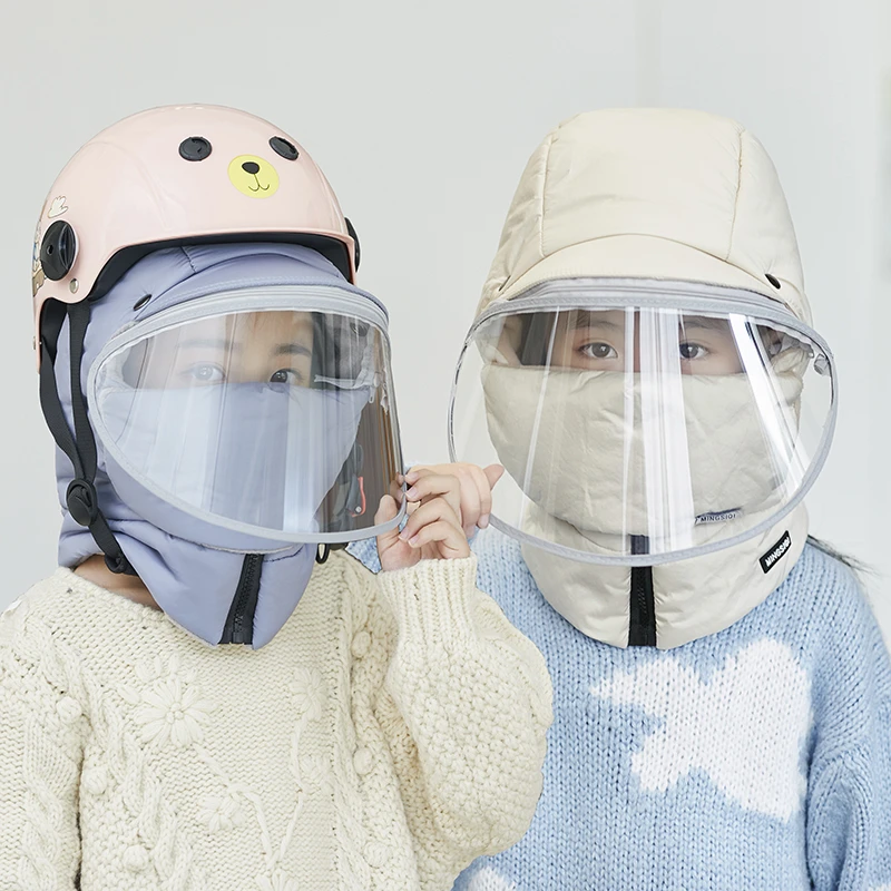 新款儿童雷锋帽冬季男女童骑电动车防风护脸保暖帽可配戴头盔面罩
