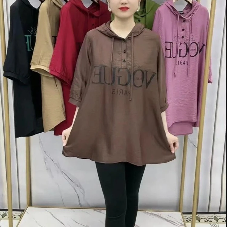 2025夏季新款时尚韩版大码宽松连帽字母遮肉显瘦百搭中长款T恤
