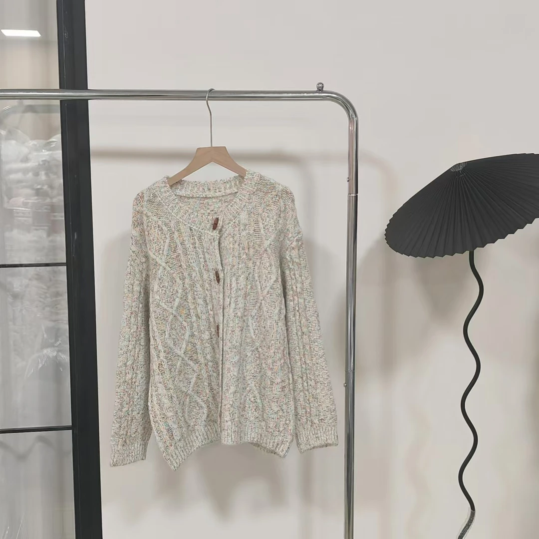 【衣长60】9302彩点麻花毛衣外套  休闲时尚百搭圆领设计感