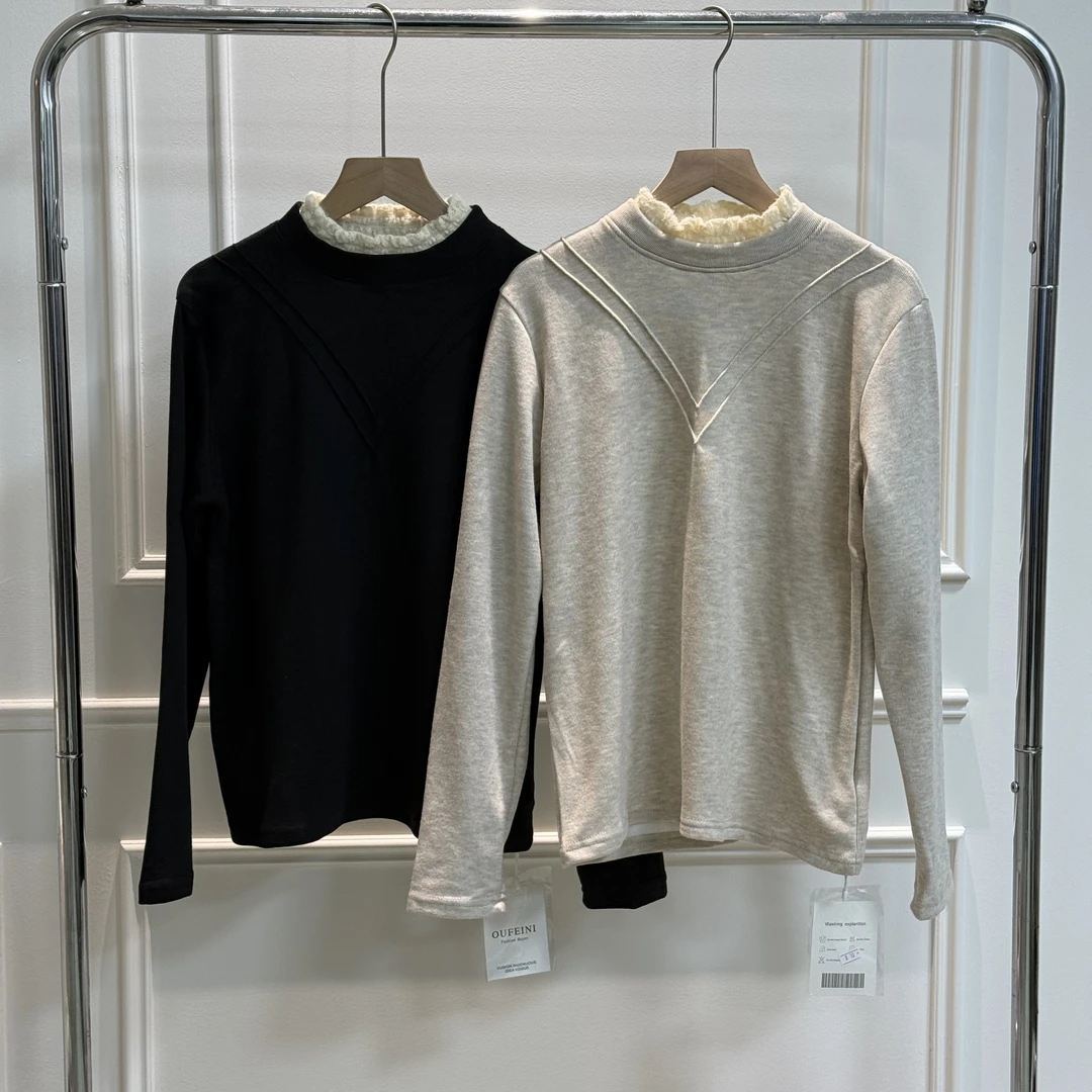 衣长60   X10-7【慕斯饼干】蕾丝加绒T恤