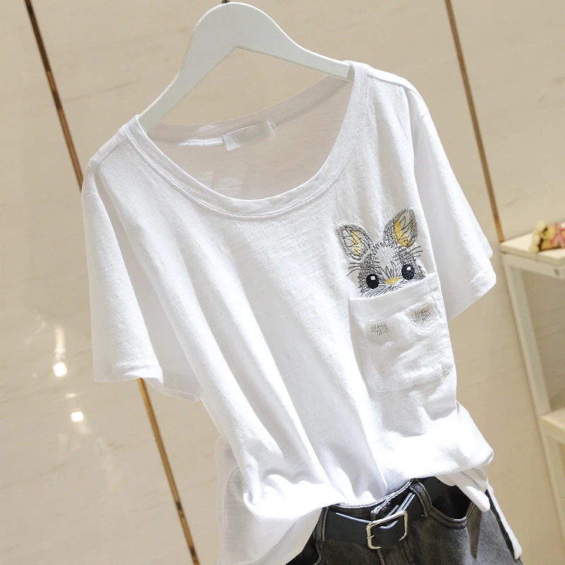 刺绣白色短袖T恤女夏装2025年新款韩版宽松圆领百搭竹节棉上衣