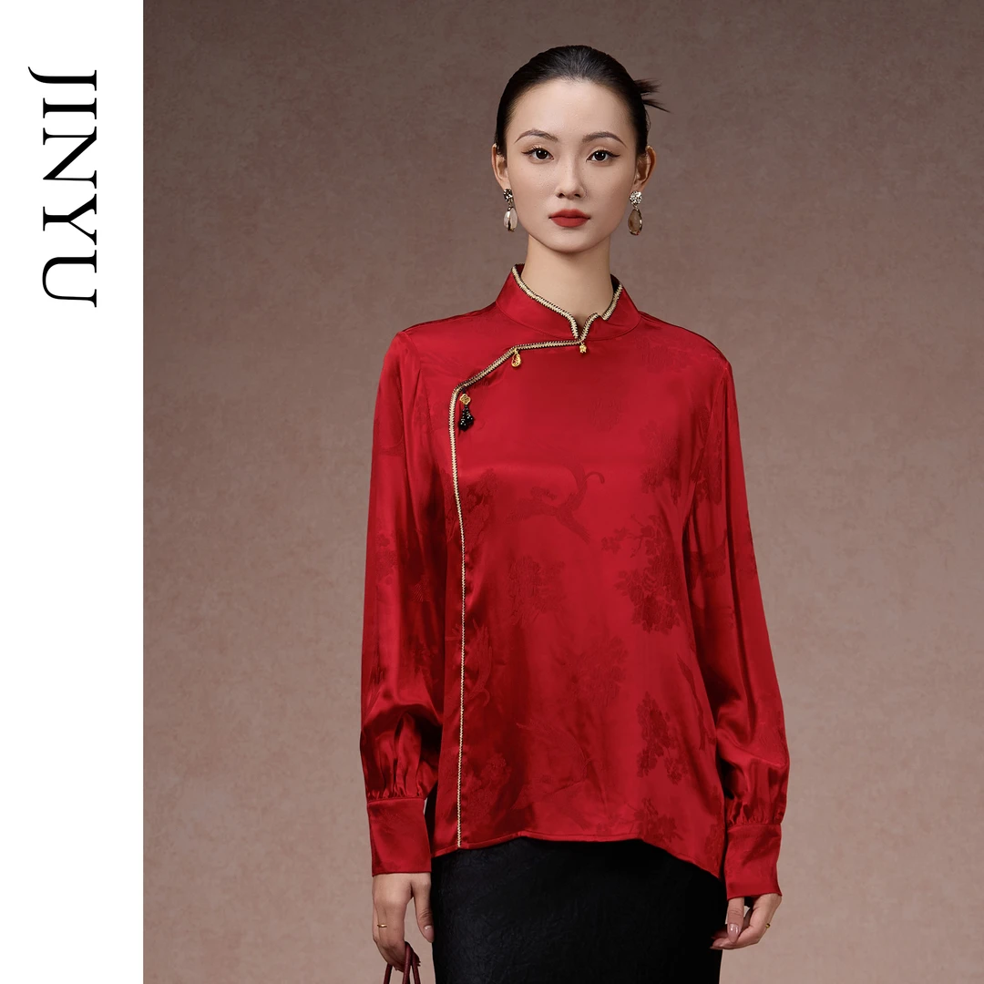 JINYU矜羽【江红】新年贺岁红色衬衫新中式桑蚕丝冠乐绉唐装上衣