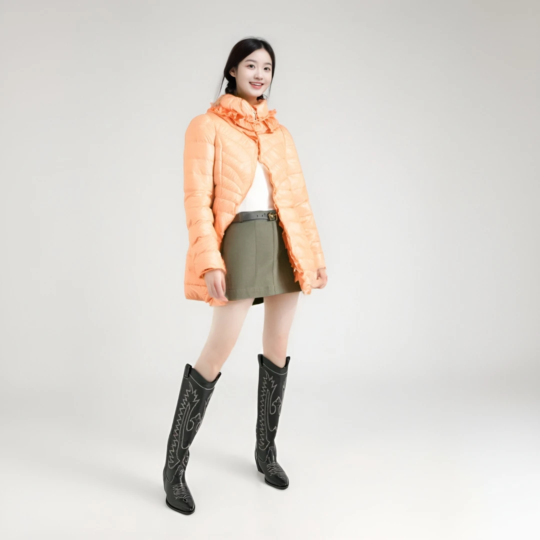 女士轻薄时尚秋冬甜美舒适休闲百搭连帽中长棉服L4VBY0422