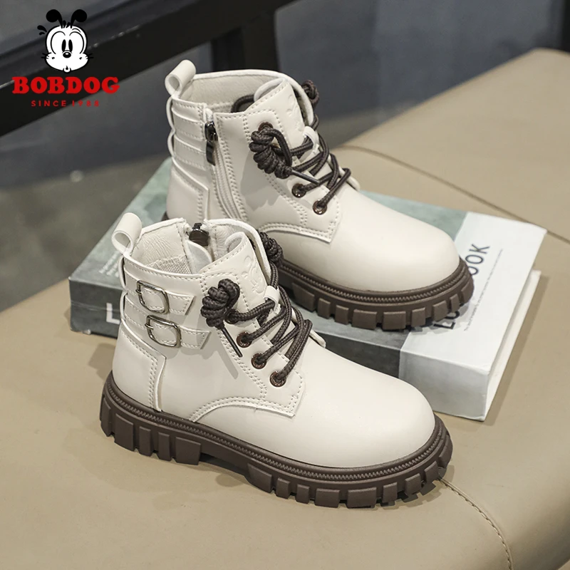 巴布豆2024秋冬季男童女童皮面防水高帮马丁靴防滑耐磨