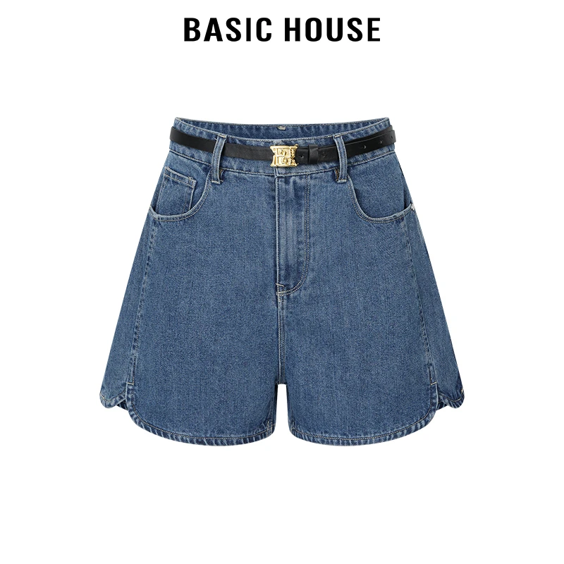 百家好/Basic House高腰一粒扣后口袋刺绣牛仔短裤女宽松休闲裤子