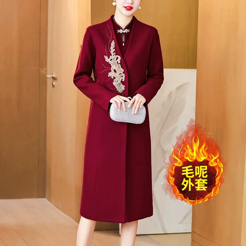喜婆婆婚宴妈妈装冬季礼服高贵套装连衣裙结婚服装两件套外套大衣