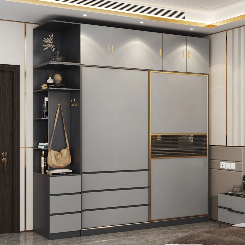 布纹灰推拉门主卧柜子简约现代经济家用卧室滑移门组装大衣橱衣柜