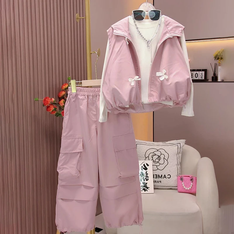 女童2024秋季新款韩版洋气连帽百搭冲锋衣外套+工装裤套装-9588