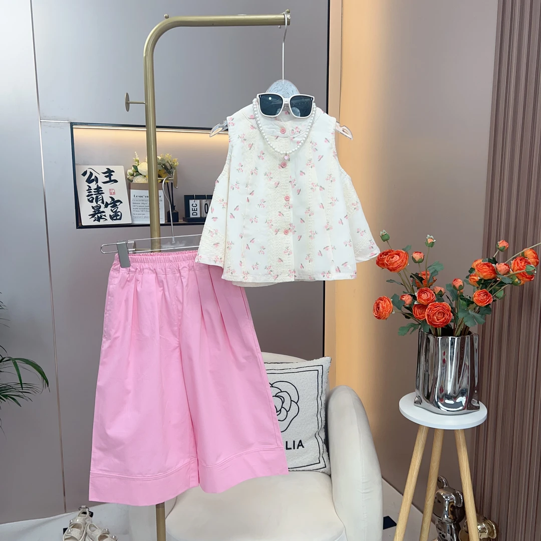 女童夏装2024新款时尚重工蕾丝提花无袖娃娃衫休闲裤套装-1868