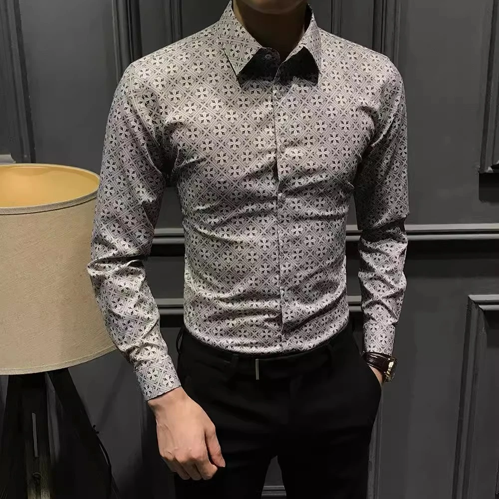 时尚高级几何印花衬衫男长袖秋冬新款休闲修身衬衣潮流商务男装
