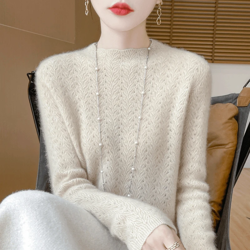 秋冬新款镂空花边领半领100纯羊毛衫女套头提花针织显瘦打底