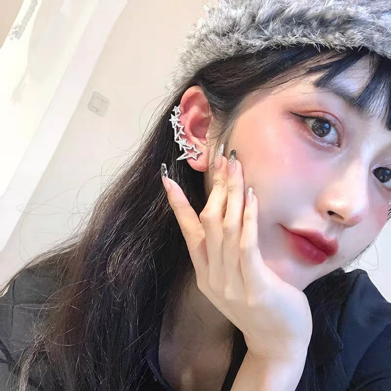 不对称镂空五角星星星耳骨夹耳环一体式网红耳钉女酷个性闪闪满钻