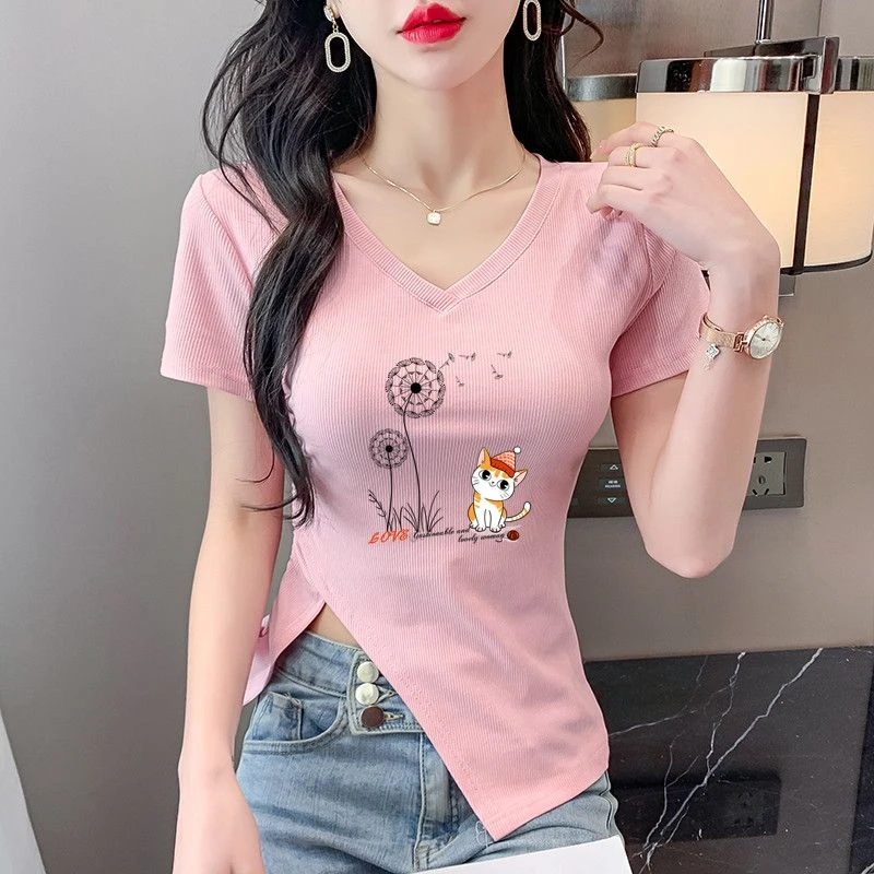 夏季新款短袖T恤女时尚韩版修身显瘦不规则V领上衣领开叉洋气上衣
