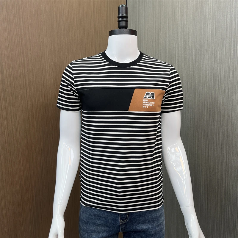 2024帅气时尚潮流高档短袖T恤夏季新款休闲百搭条纹半袖修身体恤