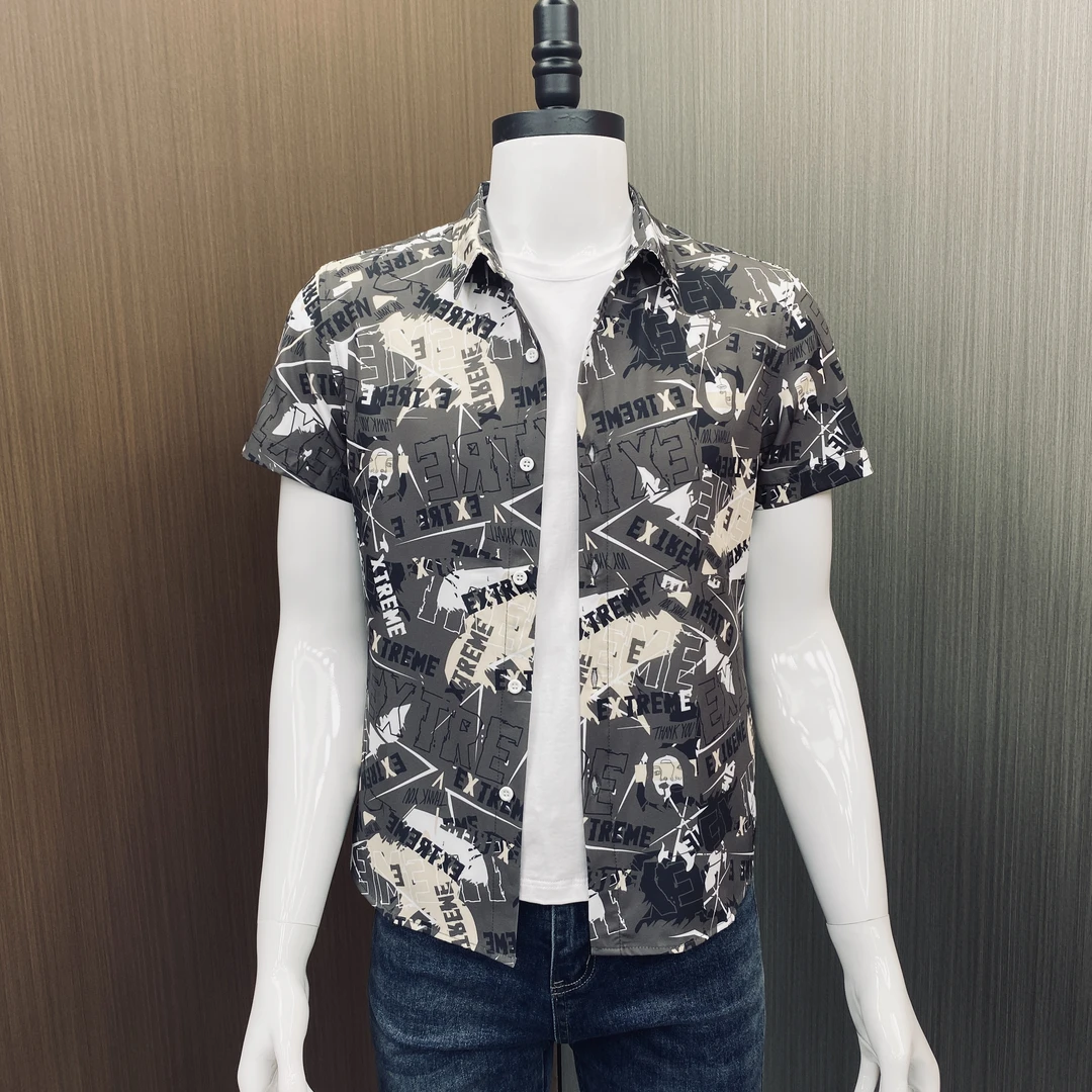 衬衫男短袖夏季潮牌凉感印花男士衬衫免烫休闲痞帅高级感衬衫