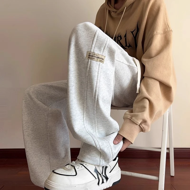 秋冬款白灰加绒显瘦时尚休闲裤男垂感宽松直筒卫裤阔腿百搭休闲裤