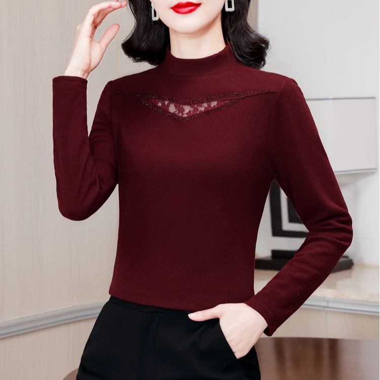 秋季新款半高领纯色镂空提花烫钻精品洋气时尚减龄显瘦长袖