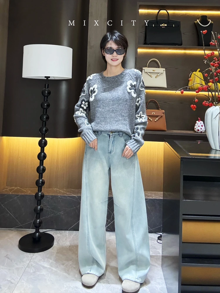 【亚楠本楠】阔腿浅牛◆显瘦弯刀做旧厚款加绒牛仔裤6448