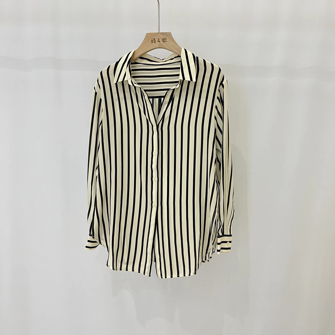 断码清仓【亚楠本楠】法式轻奢条纹女士丝质衬衫翻领黑白百搭588