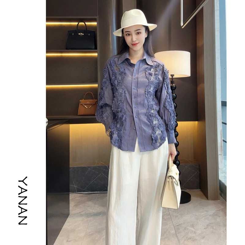 【亚楠本楠】薰衣草◆精选天然100亚麻重工立体花朵灯笼袖衬衫5707