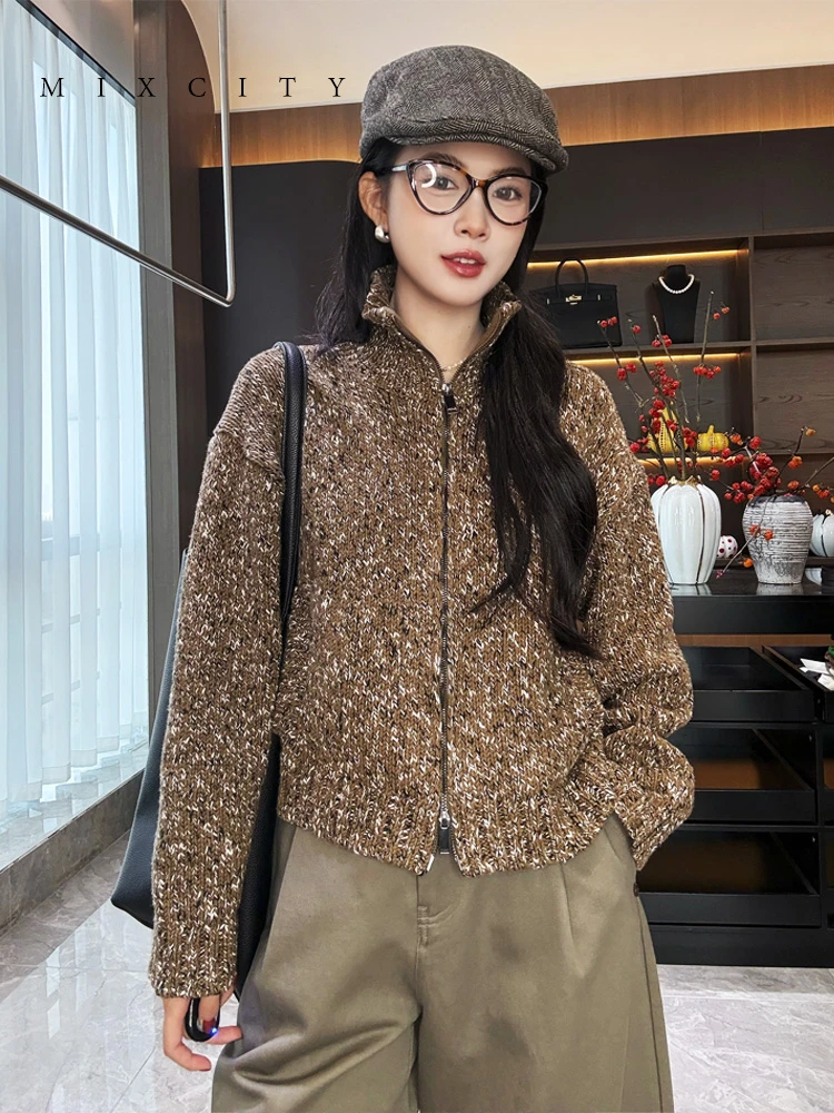 【亚楠本楠】花纱◆重工羊毛混纺花纱加厚款半高领拉链针织衫6344