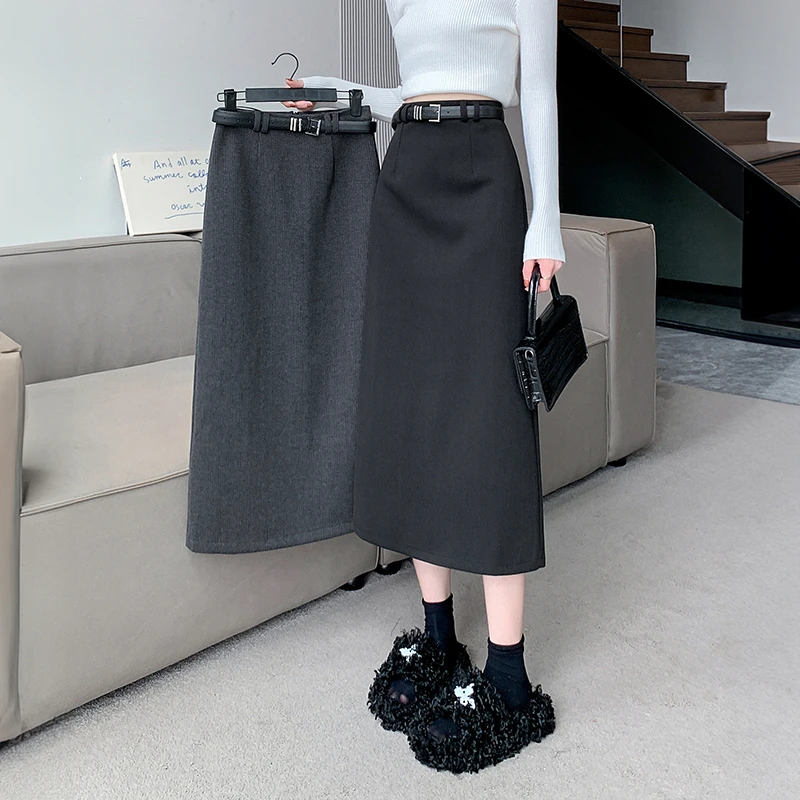 2025大码毛呢半身裙女新款高腰直筒包臀裙中长款开叉呢子一步裙