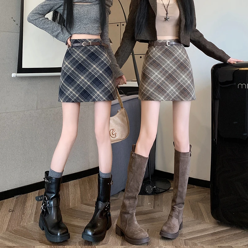2025大码秋冬韩版毛呢复古高腰chic保暖斜格包臀A字半身裙