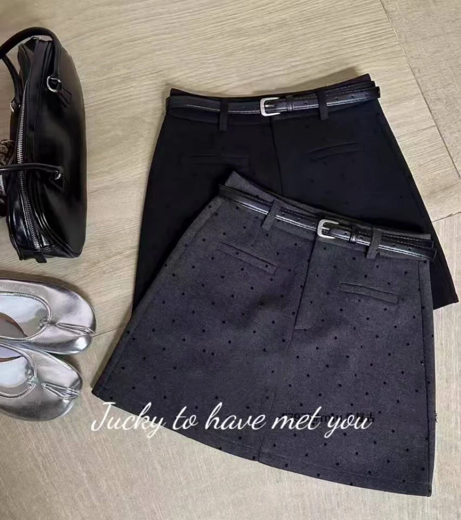 【肉肉萌】设计感波点毛呢半身裙高腰显瘦包臀A字短裙胖mm气质百搭