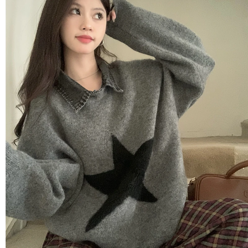 2024新款百搭慵懒风韩版秋冬季复古翻领套头长袖网红打底外穿毛衣