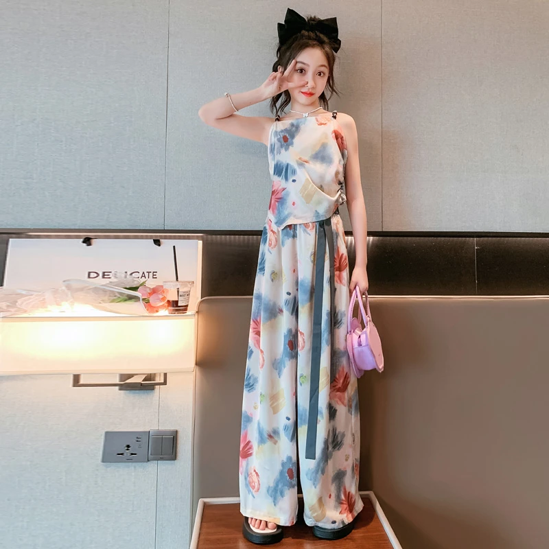 女童夏季套装2023新款大童洋气吊带阔腿裤两件套儿童女孩休闲夏装