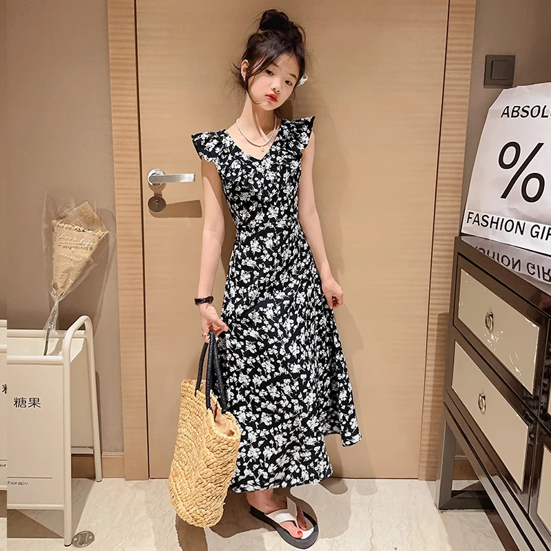 女童连衣裙夏季2025新款法式飞飞袖长款修身女孩大童夏装碎花裙子