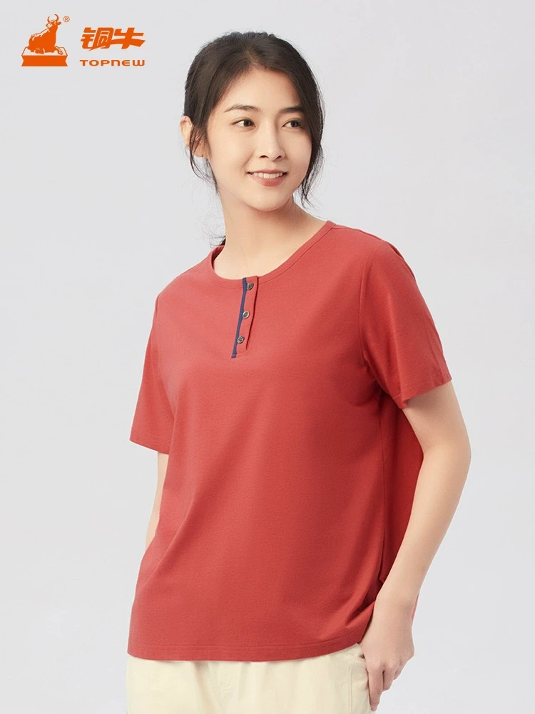 铜牛艾草索罗娜珍棉半开襟休闲女衫24春夏爆款时尚简约舒适女T恤