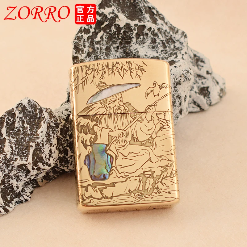 zorro二代彩贝镶嵌姜太公钓鱼防风火机金色个性创意双面打火机
