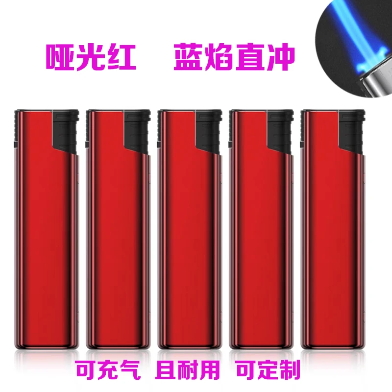 亮红金属直冲打火机蓝焰一次性充气家用广告定制订做印字防风潮流