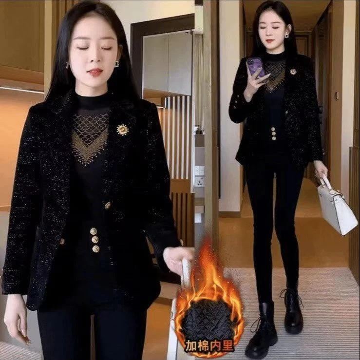 【现货】秋冬加厚气质红色西装小香风外套女百搭西服韩版小个子衣服