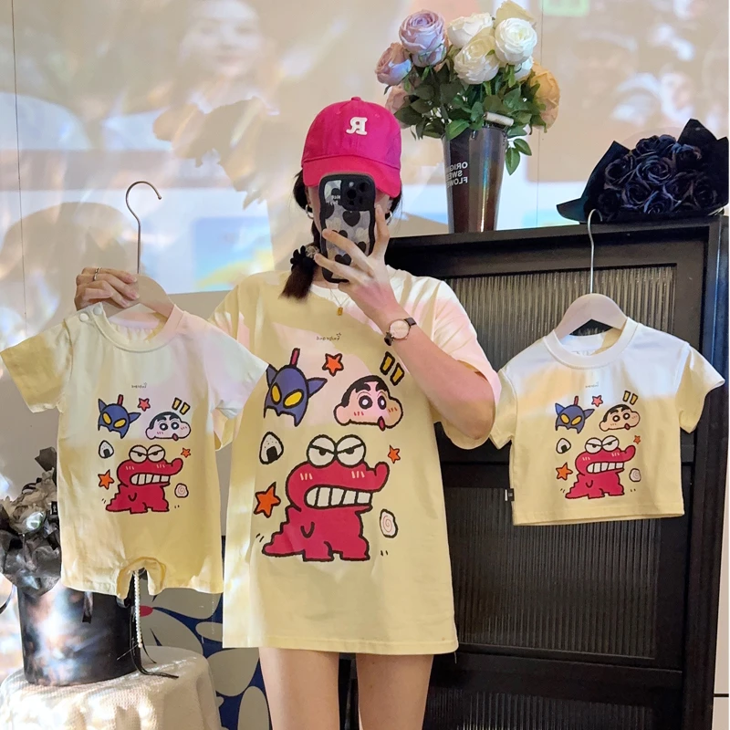 [蛋妈定制]亲子装儿童卡通恐龙小新纯棉宽松t恤一家四口婴儿爬服