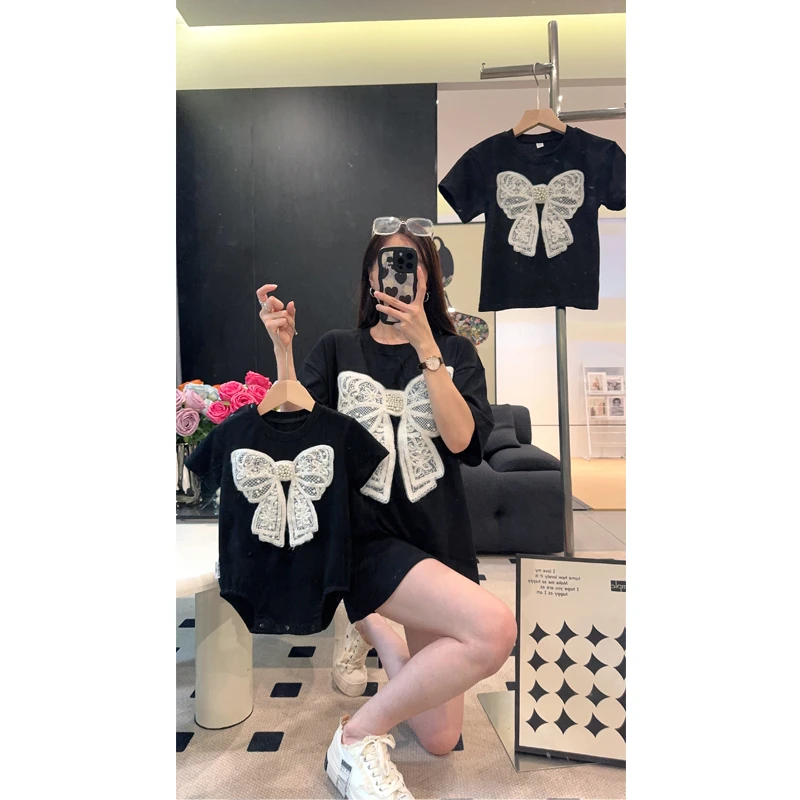 [蝴蝶结]韩版一家三口亲子装网红刺绣黑色纯棉T恤哈衣婴儿爬服夏