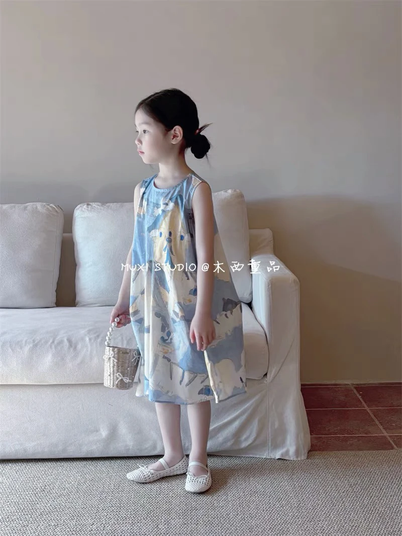 儿童夏韩版女童宝宝梦幻蓝色涂鸭背心裙可爱娃娃裙女童连衣裙服装
