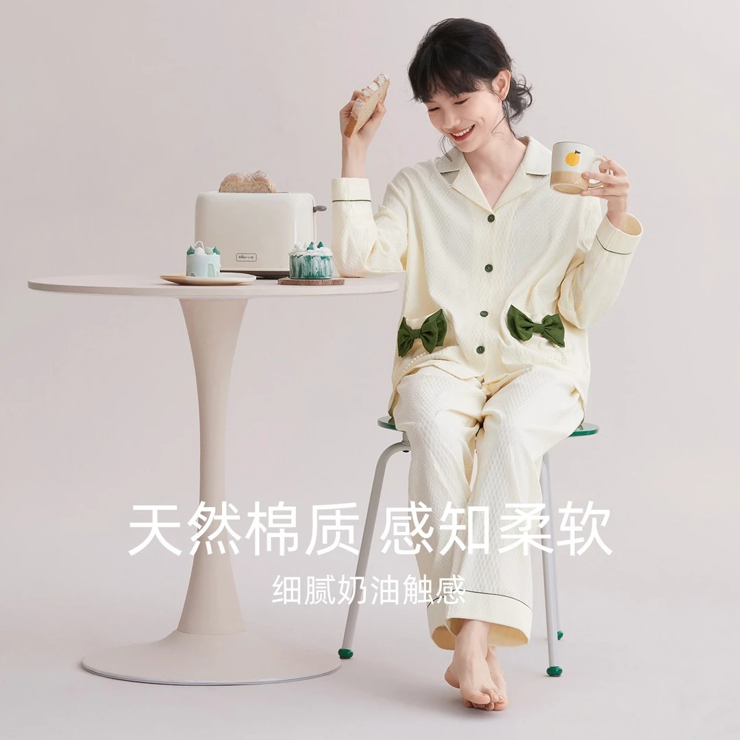 红豆【甜美蝴蝶结】柔软睡衣女套装长袖秋舒适家居宽松服薄荷曼波11