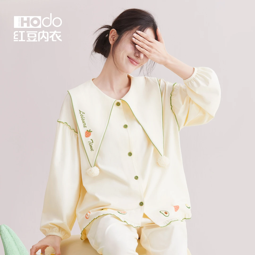 红豆新款睡衣女春秋季柔柔棉长袖套装女士可外穿可爱娃娃领家居服