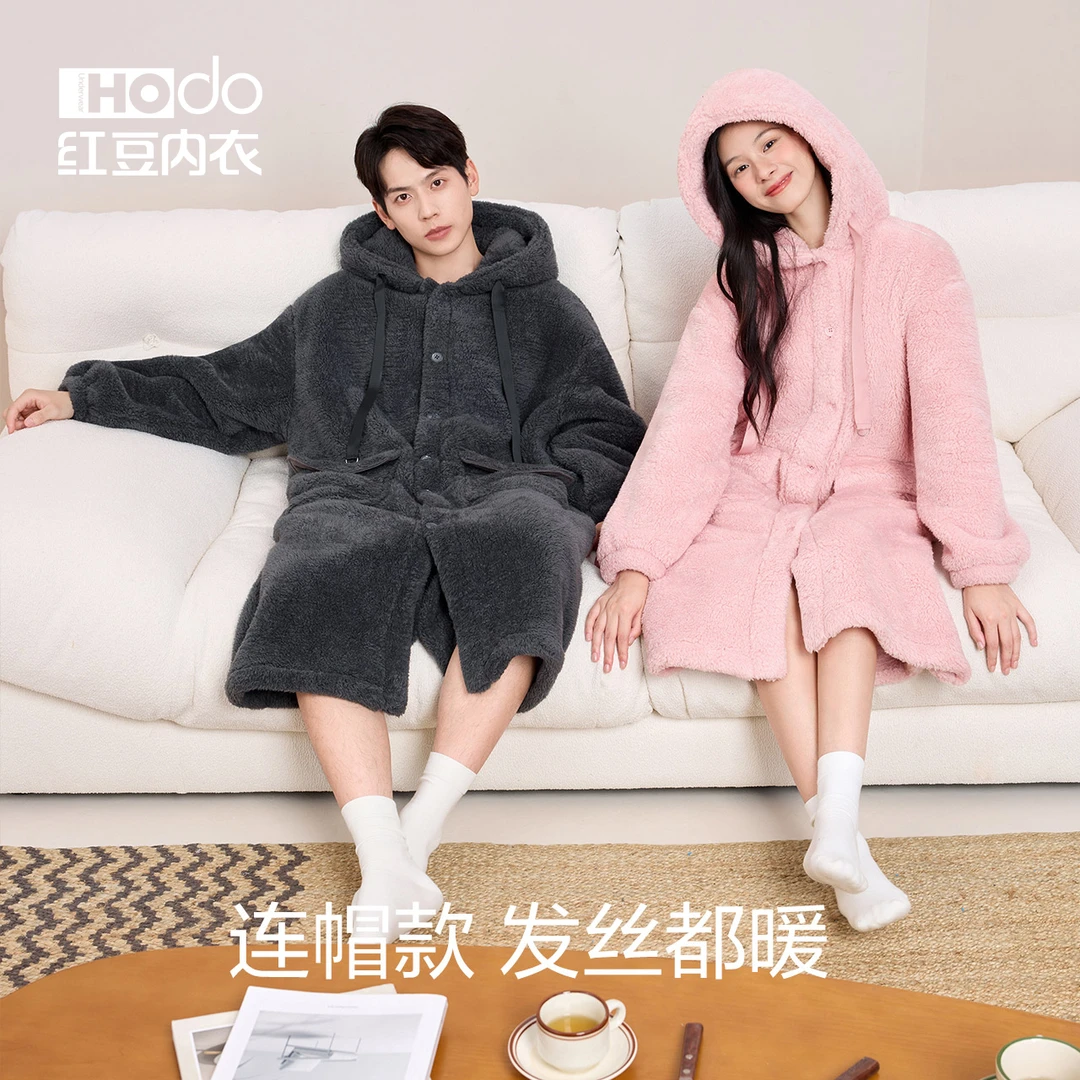 红豆情侣睡袍女冬天珊瑚绒睡衣女士抗菌加厚连帽可外穿家居服男11