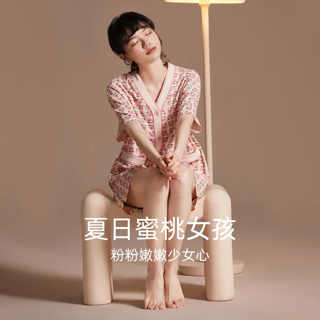 红豆【可爱卡通】纯棉印花女士睡衣套装夏季短袖薄款宽松家居服女
