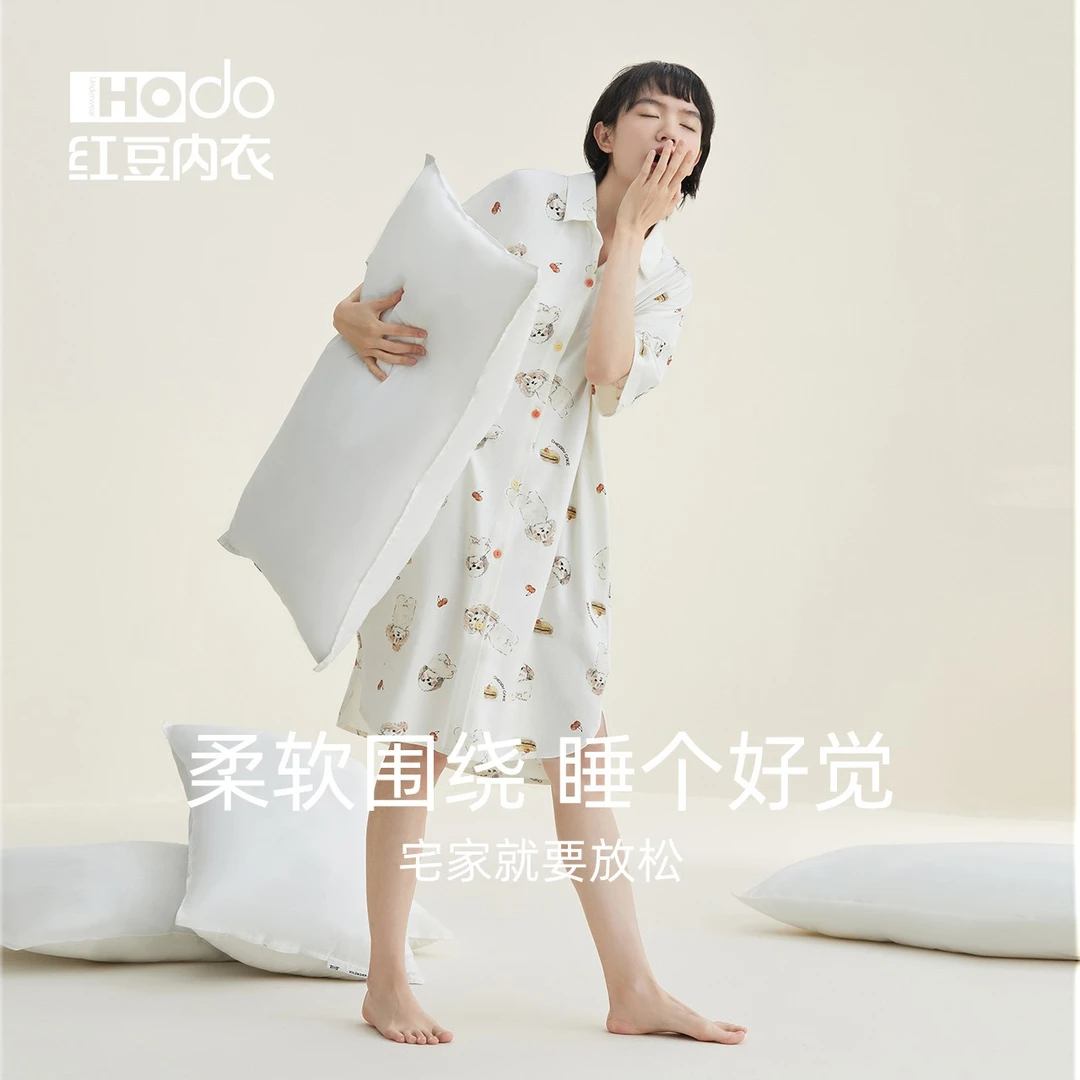 Hodo/红豆纯棉衬衫裙女士夏季短袖睡衣睡裙卡通家居服薄款宽松