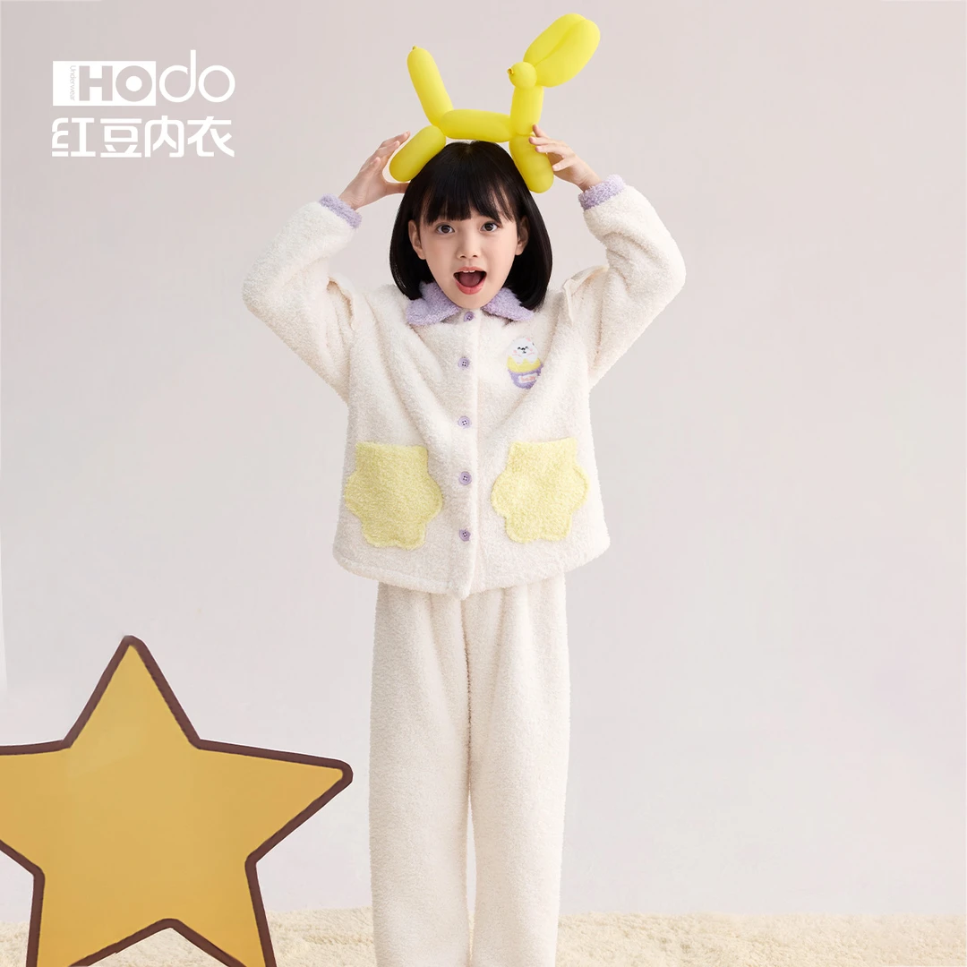红豆女童珊瑚绒睡衣冬季加绒加厚抗静电可外穿亲子毛绒家居服套装
