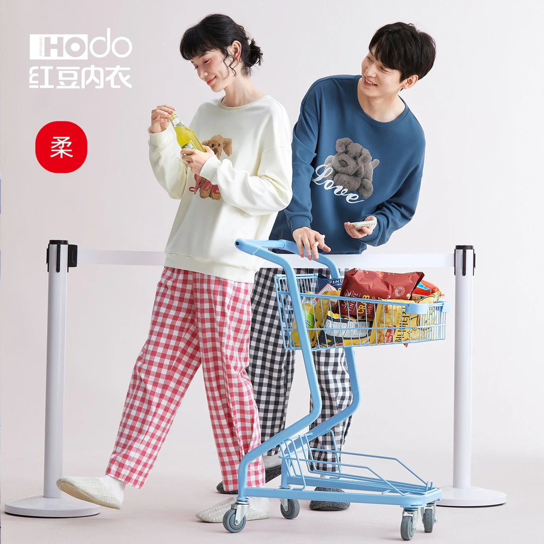 红豆纯棉长袖情侣睡衣女士休闲大码套装卡通家居服浪漫情人节礼物