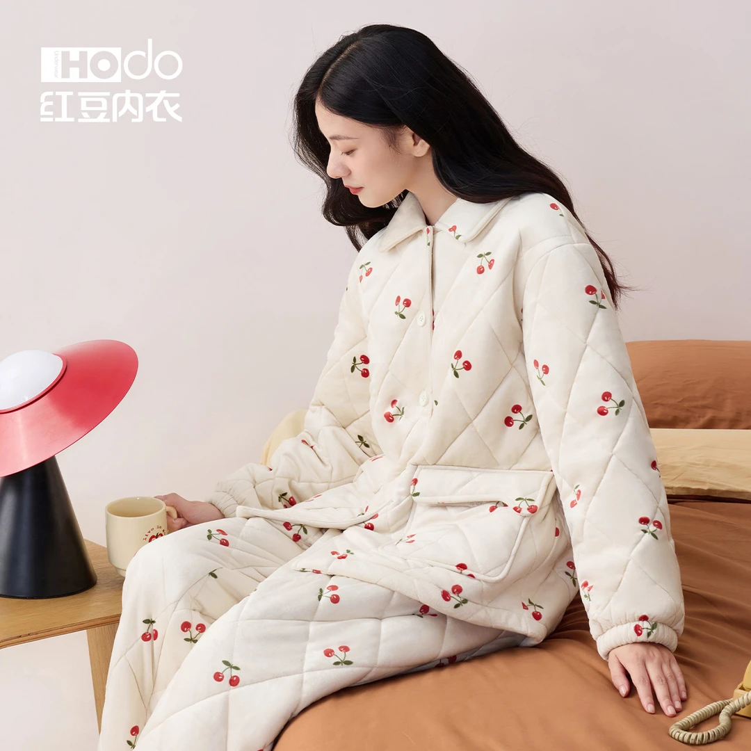 红豆三层夹棉睡衣女士秋冬季加绒加厚抗寒保暖家居服女生大码冬天