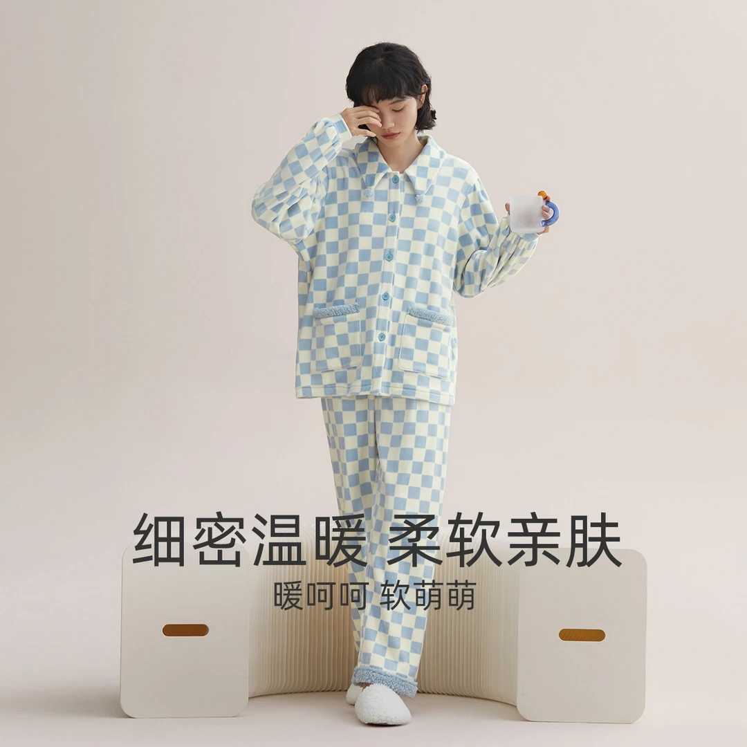 红豆【暖感棋盘格】冬季温暖睡衣套装女珊瑚绒可爱时尚可外穿家居服